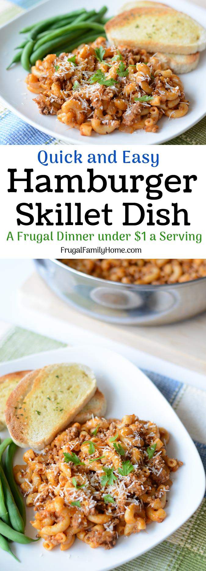 Hamburger Noodle Skillet Dinner, this is a simple comfort food that can be made in 20 minutes in a skillet. If you love easy to make recipes that don’t break the bank give this hamburger skillet recipe a try. At less than $1 a serving, it’s hard to beat.